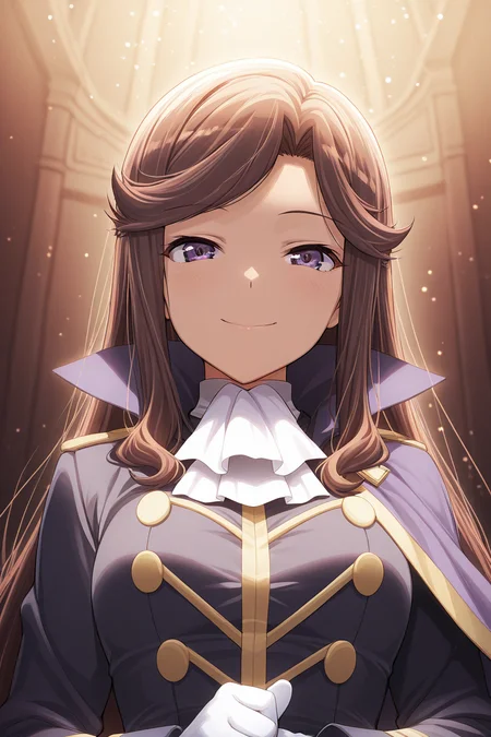 masterpiece, best quality, amazing quality,
<lora:Maya_IL:1> maya, long hair, gloves, brown hair, 1girl, white ascot, bangs, white gloves, high collar, looking at viewer, smile, upper body, light particles, long sleeves, purple eyes, solo
