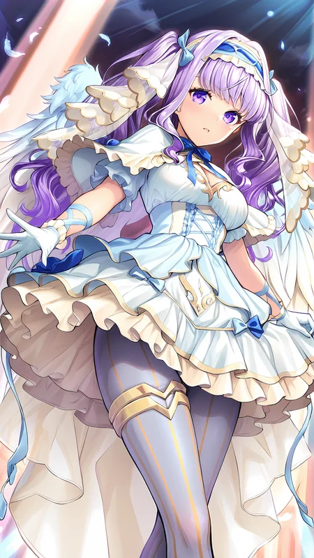 amazing quality,absurdres,best quality,masterpiece,highres,newest,detailed,detailed body,detailed face,masterpiece,best quality,solo,
æªæ§ã欧è ã³ã«ã¿,1girl,solo,white gloves,long hair,purple eyes,feathered wings,vertical-striped pantyhose,white dress,frilled dress,frills,purple hair,hairband,twintails,<lora:æªæ§ã欧è ã³ã«ã¿:0.85>,