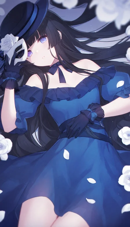 1girl, gloves, dress, solo, mask, long hair, hat, lying, flower, black hair, holding, on back, holding mask, black headwear, purple eyes, looking at viewer, black gloves, hat flower, blue dress, frills, off-shoulder dress, white flower, blue eyes, bare shoulders, blunt bangs, petals,
masterpiece,best quality,newest,absurdres,highres,very awa,<lora:sei3_noob1.1-000200:0.8>,