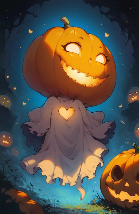 score_9, score_8_up, score_7_up, score_6_up, score_5_up, score_4_up, rating_safe,cute pumpkin ghost, ghostly effect,, (big eyes), inside a spooky castle background, (detailed background, indoor)+ ,laughing, full body, smirking, solo, extremely detailed, j_cartoon, close-up,, aesthetic,(cartoon)++,glowing heart under cloths, small pumpkins in background
LoRA:
J_cartoon (SDXL) - 0.95
Line Art Style LoRA XL (SDXL) - 0.45
LunarCAT_Style (SDXL) - 0.3