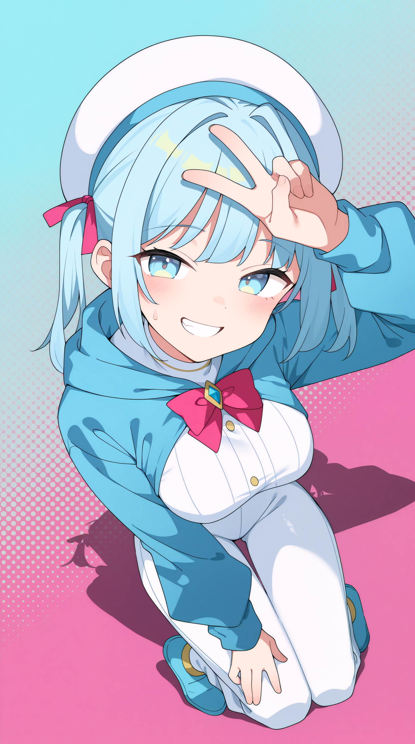 masterpiece, best quality, amazing quality, aesthetic,  absurdres, best quality, 4k, upscale, Shabon, halftone background, colorful background, colored shadow,(dynamic pose, foreshortening), 1girl, solo, hood, pants, long sleeves, blue eyes, blue hair,  v, hat, blue footwear, bangs, breasts, white headwear, smile,  <lora:Tia_Shabon_IL:0.8>