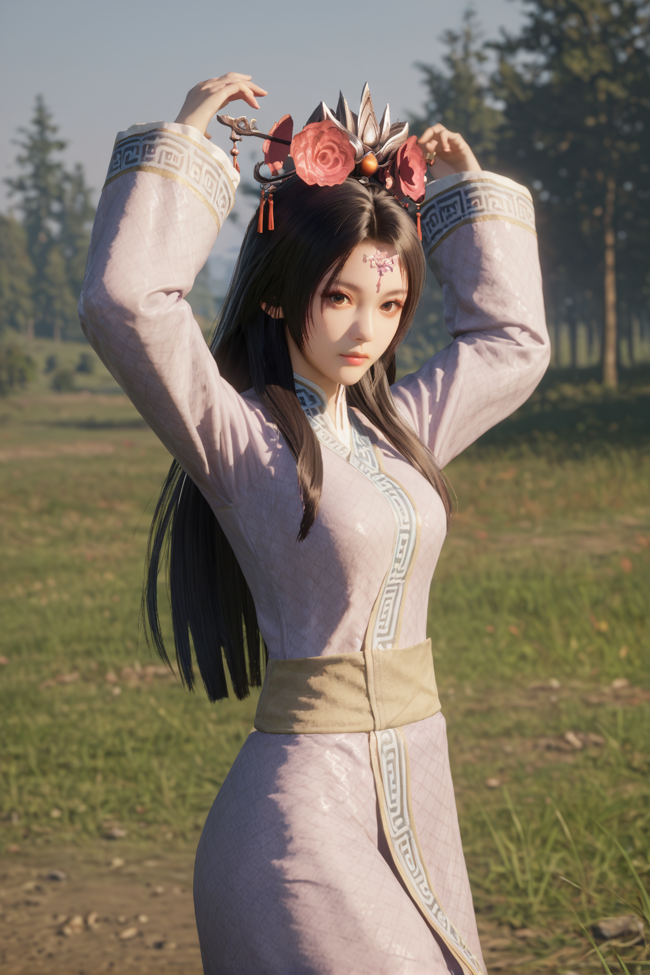 score_9, score_8_up, score_7_up, Standing with arms folded above the head,<lora:Yu_Meiren_Dynasty_Warriors:0.8> 1girl, solo, black hair, long hair, hair ornament, hair flower, brown eyes, chinese clothes, long sleeves, outdoors, looking at viewer