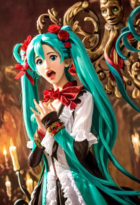 opera diva supermodel Hatsune Miku with long floating twintails singing high note, (portrait, close up:1.4), <lora:The Phantom of the Opera style:1.5> The Phantom of the Opera style,