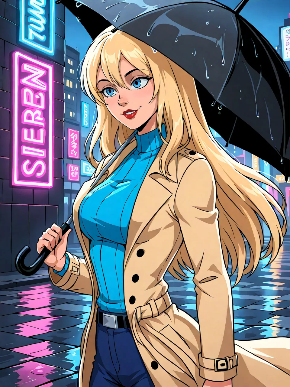(masterpiece,best quality,newest,absurdres,highres), Str1pp3r3ll4, 1girl, solo, blonde hair, blue eyes, looking over shoulder, melancholic smile, wistful expression, red lips<lora:Stripperella_IllustriousXL:0.8>