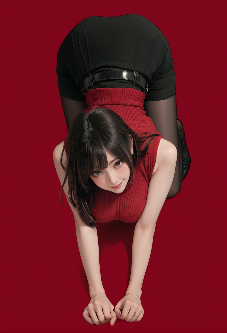1girl,solo,red background,ruanyi0892,,belt,black pantyhose,high-waist skirt,sleeveless sweater,red sweater,all fours,full body,looking at viewer,from behind,bent over,<lora:0892 Home wear_v1_pony:1>, score_9, score_8_up, score_7_up, score_6_up, score_9, score_8_up, score_7_up, score_6_up source_anime, blush, 1girl, seduce smile, perfect body , natural huge breasts