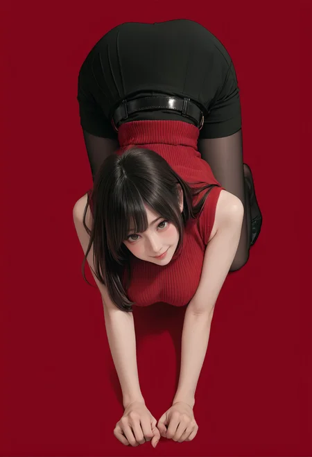 1girl,solo,red background,ruanyi0892,,belt,black pantyhose,high-waist skirt,sleeveless sweater,red sweater,all fours,full body,looking at viewer,from behind,bent over,<lora:0892 Home wear_v1_pony:1>, score_9, score_8_up, score_7_up, score_6_up, score_9, score_8_up, score_7_up, score_6_up source_anime, blush, 1girl, seduce smile, perfect body , natural huge breasts