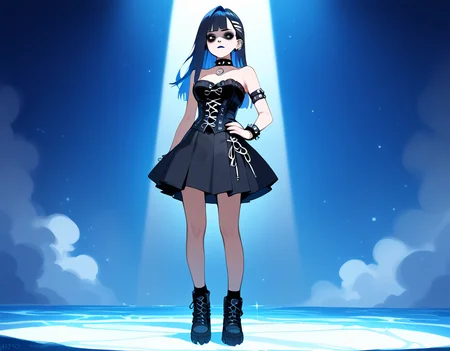 (score_9,score_8_up,score_7_up:1), 1girl, full body, angle, dusk lighting, amused, (goth, black lipstick, silver jewelry, silver piercings, black mascara, black eyeshadow), <lora:Nipple_Rings_Pony_XL:1> nr, nipple rings, (toned), neon glow color hair,choker, eyeshadow, (bloodless white rough skin), (cry of fear), ghostly bridge, ((<lora:goth_clothes:1> skirt(side lace-up corset, black skirt))), <lora:blackshirtboyXLP:1>