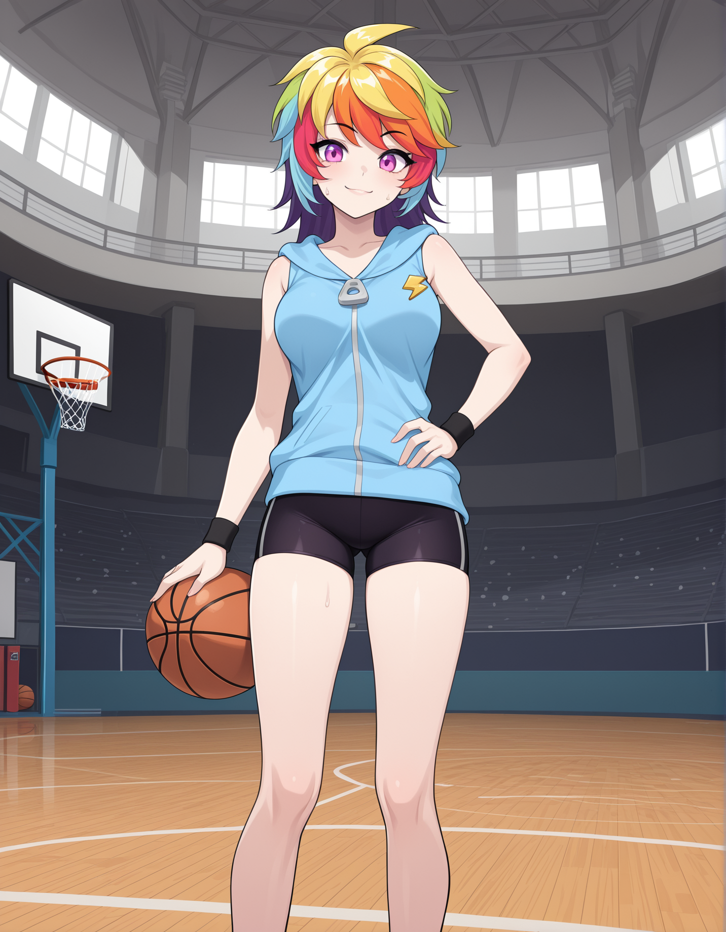 masterpiece,best quality, absurdres, highres, <lora:Iro Illu:0.9> irocrushcrush, blue hoodie, wristband, bike shorts, outside, standing, basketball hoop, solo, looking at viewer, sweatdrop, smile