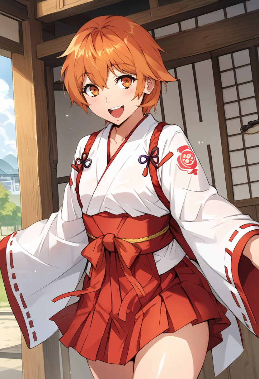 score_9, score_8_up, score_7_up, source_anime BREAK 1girl, solo, <lora:ermel_pilot_2:1>, srw_ermel, cowboy shot, miko, miko costume, hakama short skirt, red skirt, wide sleeves, long sleeves, orange hair, short hair, orange eyes, looking at you, smile, open mouth, Japanese temp, <lora:cnv3mdde878c738thn20:0.5>