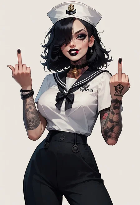 score_9, score_8_up, score_7_up, s41l0r, dixie cap hat, hat, sailor, sailor collar, pants, shirt, bell-bottoms, 1girl, sexy 18 yo goth girl, cute face, messy medium black hair, mascara, lipstick, hair over one eye, large breasts, hourglass figure, giving middle finger, smug, t4ts, tattoos, tattoo