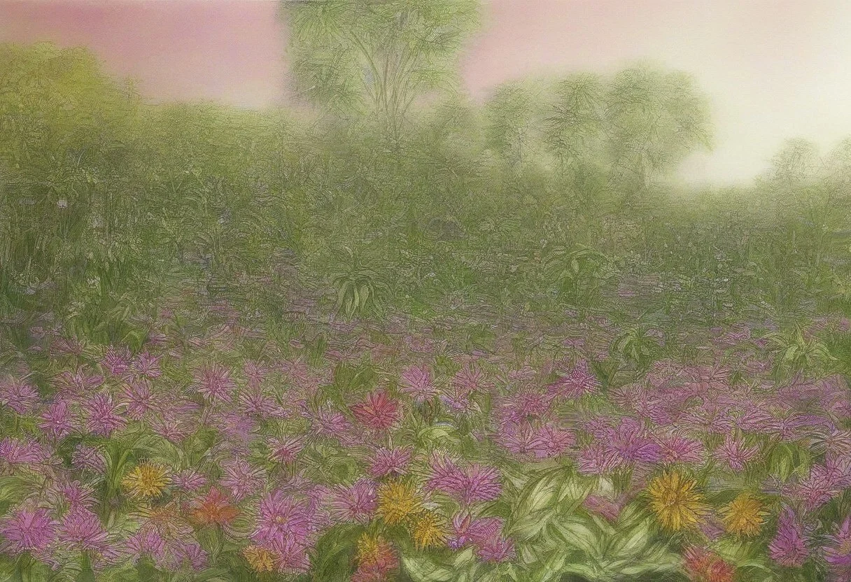 Violet sunset, garden with flowers, dahlia, tulips, daisies