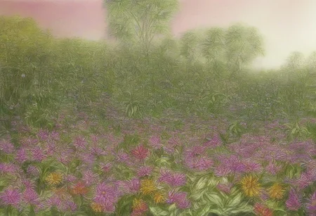 Violet sunset, garden with flowers, dahlia, tulips, daisies