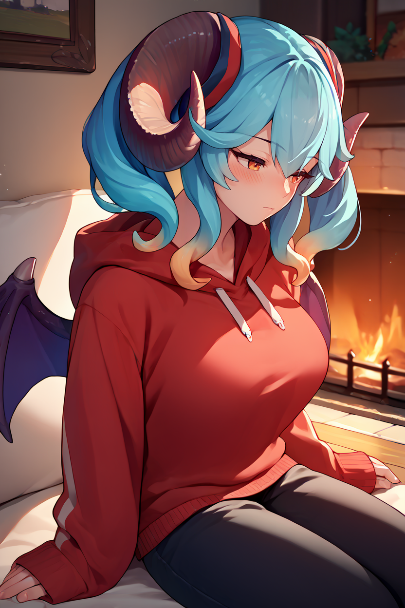 score_9, score_8_up, score_7_up, score_6_up, source_anime, 1girl, solo,  <lora:aigislapis-pdxl-nvwls-v1-000006:1> aigisLapis, cyan hair, horns, wings, large breasts, red sweater, hoodie, sleeves past wrists, black pants, blush, indoors, fireplace