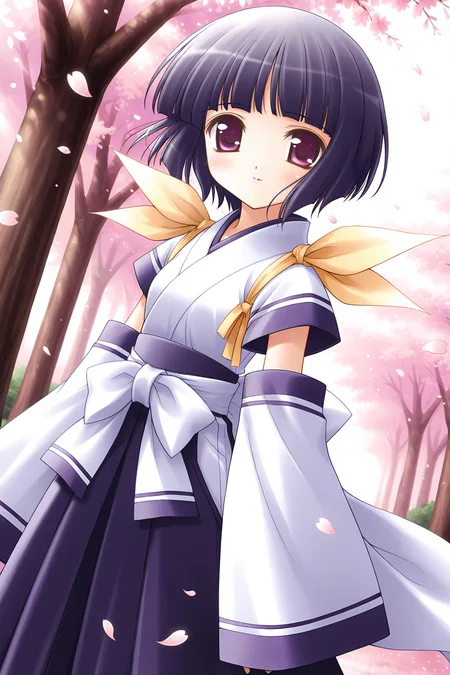 masterpiece, best quality, absurdres, official art, official style, general BREAK <lora:arisakashiina_IL_v1-2:0.7>, arisaka shiina, 1girl, solo, purple eyes, black hair, purple hair, short hair, bob cut, blunt bangs, flat chest BREAK japanese clothes, white dress, short sleeves, detached sleeves, wide sleeves, sleeves past wrists, blue line, yellow ribbon, shoulder ribbon, white sash, white bow, back bow, blue hakama, hakama skirt, blush, dutch angle, light smile, looking at viewer, wind lift, floating hair, outdoors, day, tree, cherry blossoms, petals