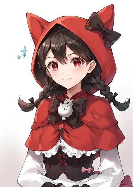 core_9, score_8_up, score_7_up, score_6_up, score_5_up, score_4_up,  <lora:Codename_Red_Riding_Mina_-_The_Battle_Cats:1> cnrrmina, 1girl, hood, twin braids, animal hood, capelet, bow, black hair, red eyes, smile, BREAK source_anime