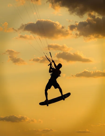 wavefun. A silhouette of a man kitesurfing against a sunset sky with orange and yellow hues, captured from below. the image is a black and white photograph of a kiteboarder performing a trick in mid-air, with the man in the middle of the frame, suspended in the air by a cable. the man is a young adult, with short hair and a muscular build, and is wearing no clothing, pants, shoes, or accessories. he is holding onto the cable with both hands, and his body is in a dynamic pose, with his arms stretched upwards and his head tilted back, as if he is performing an acrobatic element. the background is a gradient of yellow and orange hues from the setting sun, creating a beautiful contrast with the dark silhouette of the man. the sky is filled with clouds, adding to the sense of movement and energy in the image. <lora:Wind_&_waves_:0.8>