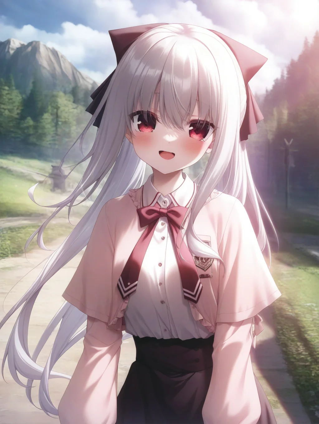 masterpiece,best quality,amazing quality,very aesthetic,absurdres,newest,scenery,<lora:Sion_ilxl_v1-000010:1>,1girl,solo,red eyes,long hair,blush,smile,looking at viewer,open mouth,bow,ribbon,sion,white hair,standing,upper body,