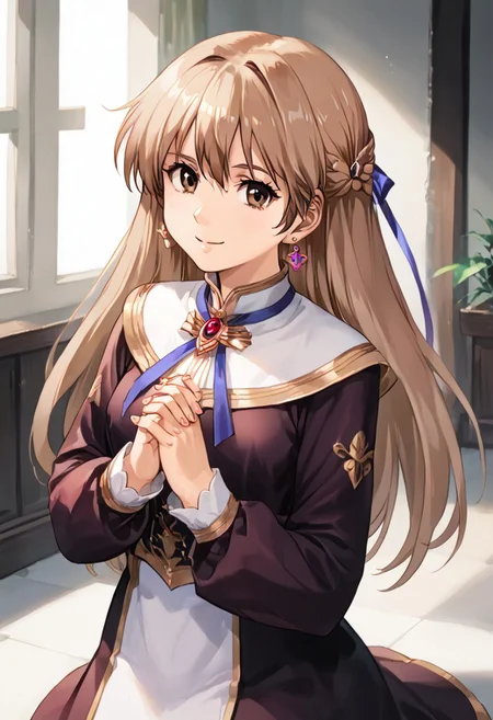 score_9, score_8_up, score_7_up, source_anime,
, (best quality) , (highly detailed) ,masterpiece ,absurdres ,detailed face ,beautiful face ,
, yui_uzuki,, 1girl, solo, long hair, earrings, looking at viewer, smile, , light brown hair, , brown eyes, , brooch,, standing, dynamic pose, own hands clasped, jewlery, brooch, bangs ribbon, long sleeves, dress, kneeling, own hands together, black dress, hair ornament, black footwear, detailed face and detailed skin <lora:add-detail-xl:1.0> ,(((feminine bodies))),(((perfect anatomy))),
best quality, masterpiece, very aesthetic, ,,(portrait, upper body),
OverallDetail