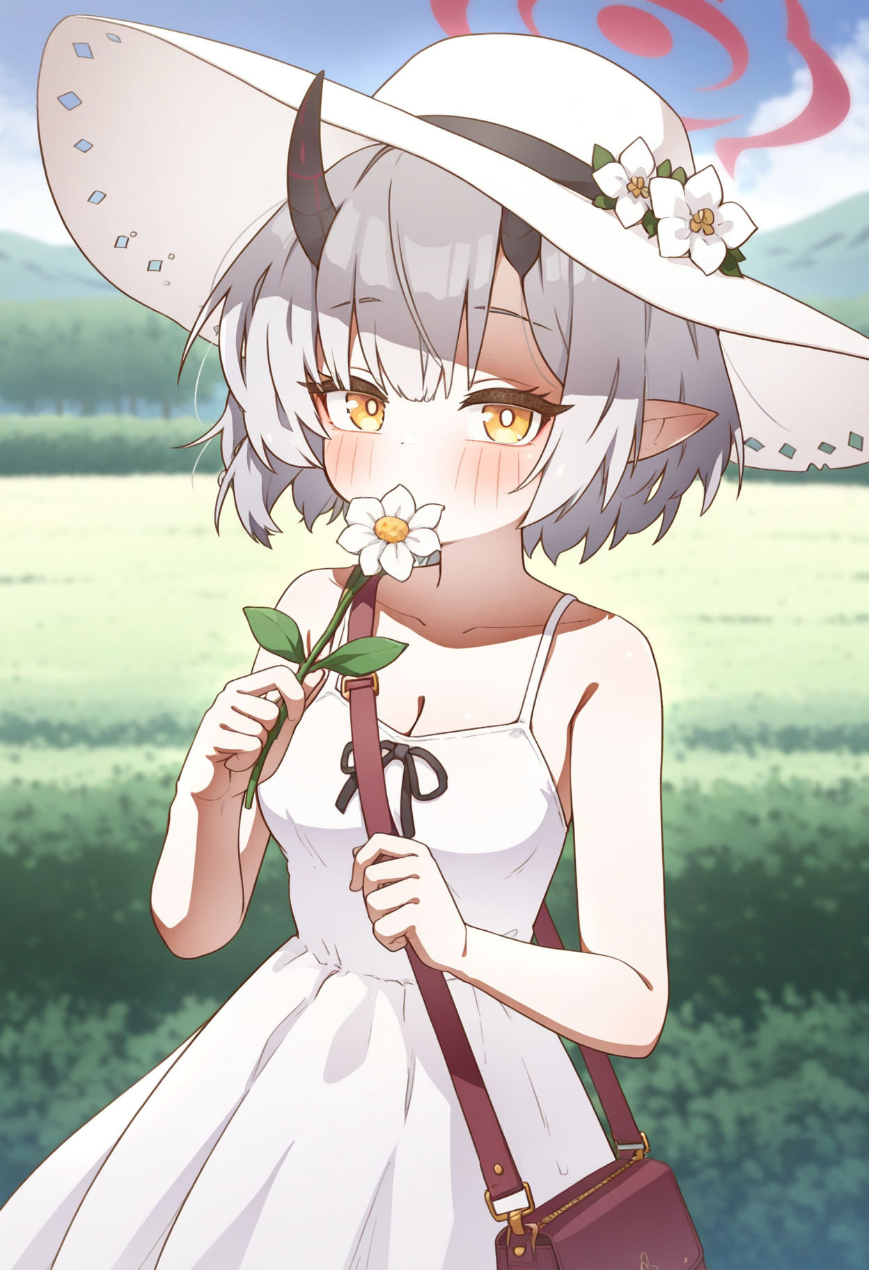 masterpiece,best quality,amazing quality,
1girl, flower, solo, hat, dress, halo, holding, breasts, white dress, cleavage, holding flower, short hair, looking at viewer, sun hat, white headwear, white flower, outdoors, yellow eyes, bag, grey hair, blush, sleeveless dress, bangs, sleeveless, horns, medium breasts, bow, collarbone, bare shoulders, sundress,
 <lora:MountainHan:1>