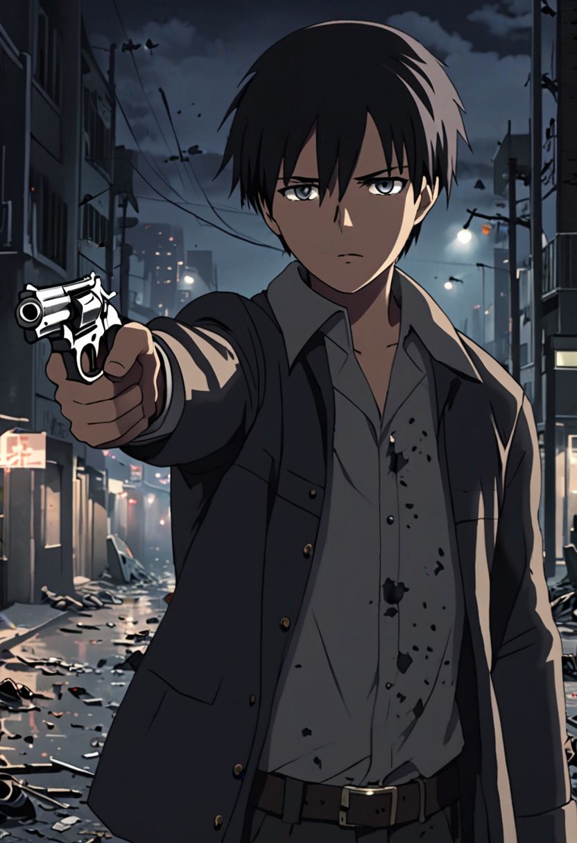 Highres, Masterpiece, High Quality, 4K, 8K, solo, 1Boy, Takaki Toono, adult, black hair, short hair, potrait, midnight, quiet street, big city, dim street lights, scattered trash, dirty, cold, tense, mysterious, sharp eyes, merciless, threatening, pointing a gun, revolver, weapon, pointing at the viewer, threatening, easynegative, detailed_eye_model