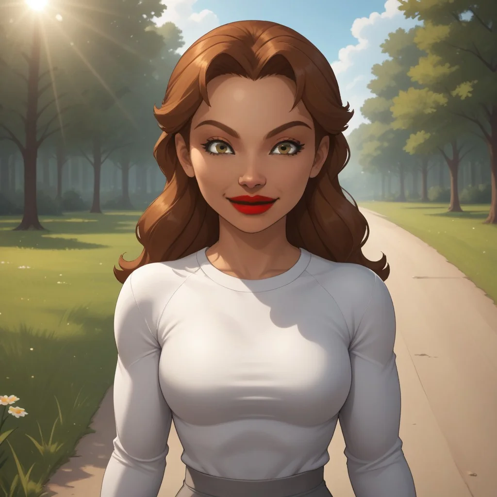 score_9, score_8, BREAK, solo, wii, mii, wii sports, 1girl, female mii, dark yellow eyes, black eyeshadow, auburn hair, red lips, lipstick, big lips, white clothing, gray pants, shoes, cute, nintendo mii, modern_mii, classic_mii, breasts, naomi_(\wii_sports\), sexy pose, smile, outdoors, sunlight, shadows, evening lighting, natural lighting, forest, trees, grass, orange sky, sunset