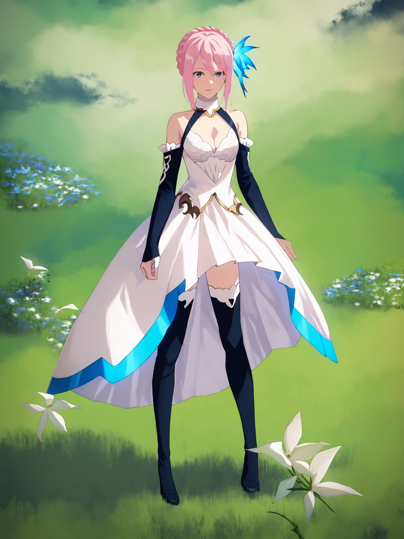 score_9, Score_8_up, Score_7_up, Score_6_up,  <lora:Shionne_V2:1>  15 shionne 01b weddingdress, shionne 01b, pale skin, long hair, (blue eyes), wedding dress 1girl, solo, breasts, 1Girl, hair ornament, thighhighs, dress, bare shoulders, full body, pink hair, braid, detached sleeves, black thighhighss   <lora:detailed_backgrounds_v2:0.6> scenery, masterpiece,  best quality, very aesthetic .