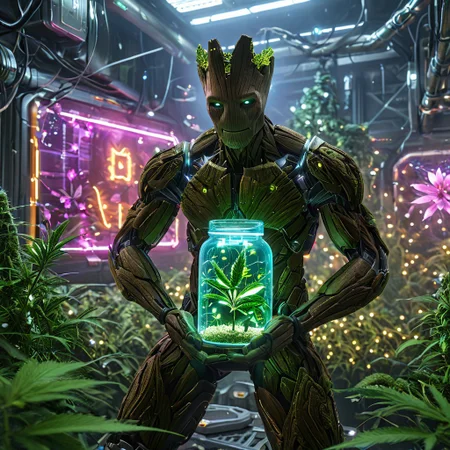 4k, score_9, score_8_up, score_7_up, gay, solo, 1boy, 
mature, male, sharp focus, masterpiece, best quality, amazing quality, good eyes, detailed, good lighting, good background, dynamic angle, dynamic pose, dynamic action, in action,
Groot1024, Groot3, Muscular, Made of metal, glowing neon, mecha, robot body fusion, holding a glass jar with hemp plant inside, glass jar closed with a lid on top,
performing actions, healing, glowing fireflies, many fireflies, plants arround, surrounded by plants, flower buds, magical,
420futurism, cyberpunk, neon, futuristic,