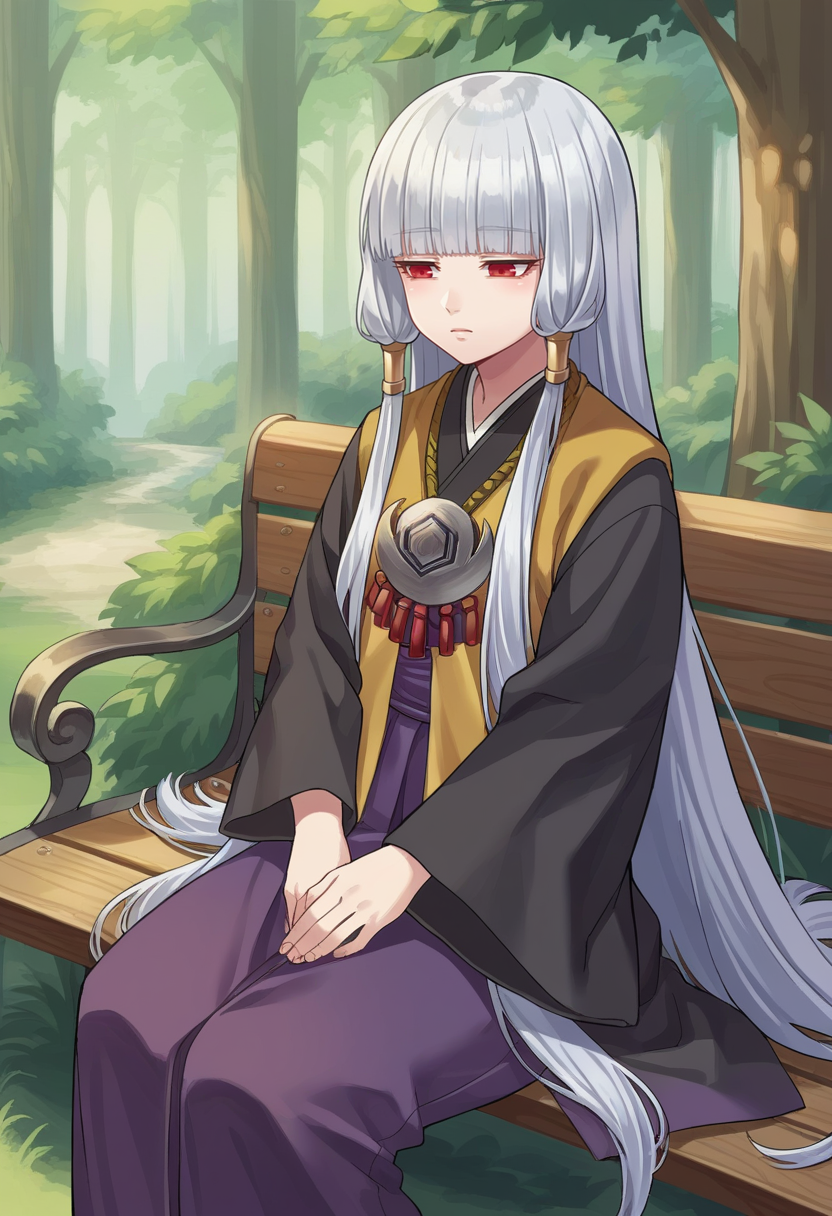 score_9, score_8_up, score_7_up, source_anime  BREAK    1girl,  Uematsu Rikako, silver hair, long hair, two front braids, red eyes,  pendant, two yellow ribbons, black kimono, purple skirt, long skirt, forest, sitting, on bench,   <lora:RikakoPonyXLNoscale-000009:1>