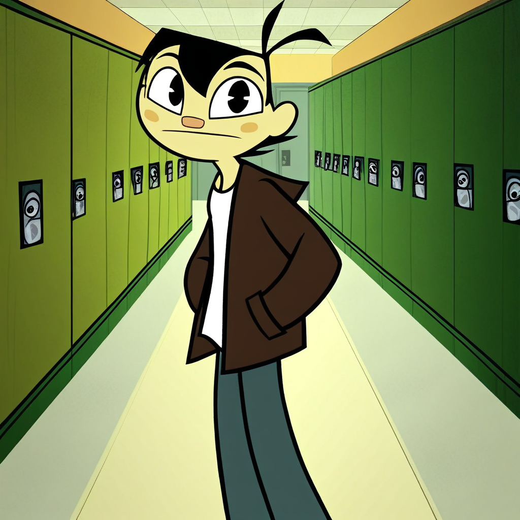 score_9, solo, sheldon_ol, black hair, black eyes, shirt, jacket, hands in pockets, hallway, lockers, looking at viewer