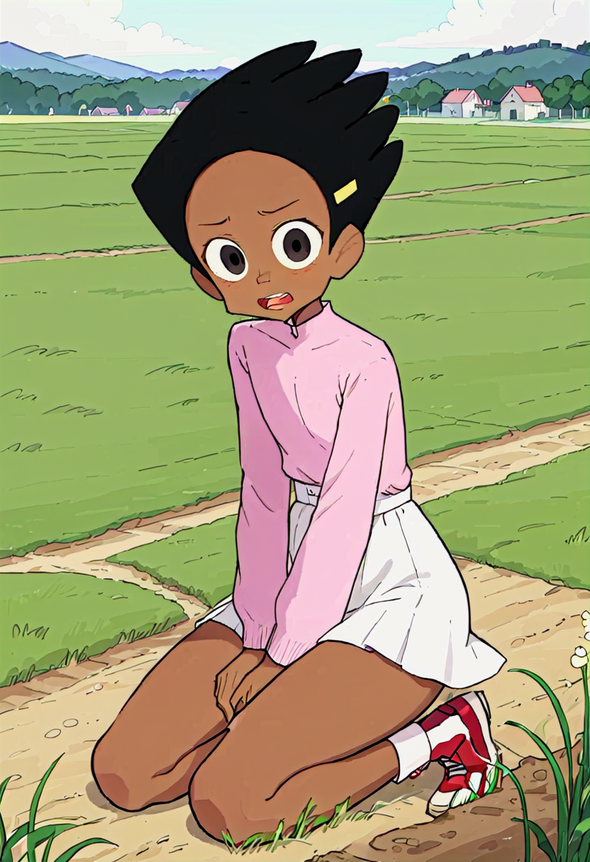 <lora:TwelveForever_Esther_XL:1.0>, esther \(regular\), hands on own knees, fang, esther, twelve forever, 1girl, solo, dark skin, short hair, black hair, black eyes, field, masterpiece, best quality