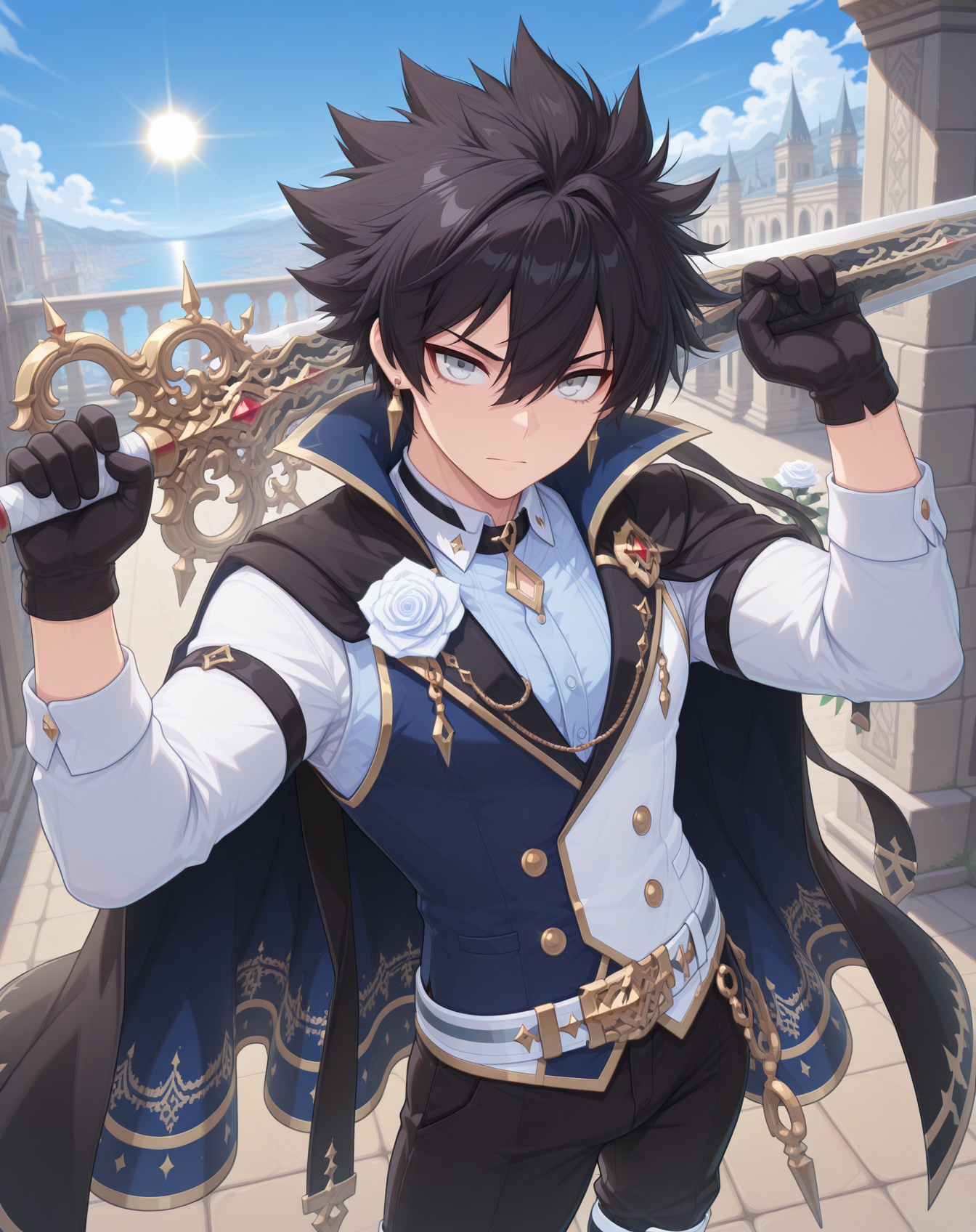 masterpiece, amazing quality, best quality, absurdres, very aesthetic,
1boy, solo, yaoi, male focus, cowboy shot, upper body, looking at viewer, face focus,
<lora:Sieghart_Wonderland_ilxl:1> sieghartwonderland, spiked hair, black hair, hair between eyes, grey eyes, short hair,
black cape, black gloves, belt, collared shirt, white shirt, long sleeves, gold trim, two-sided fabric, white flower, white rose, white vest, two-tone vest, blue vest, knee boots, black pants, white footwear,
earrings, jewelry,
holding weapon, holding sword, weapon over shoulder,
outdoors, day, blue sky, sun,