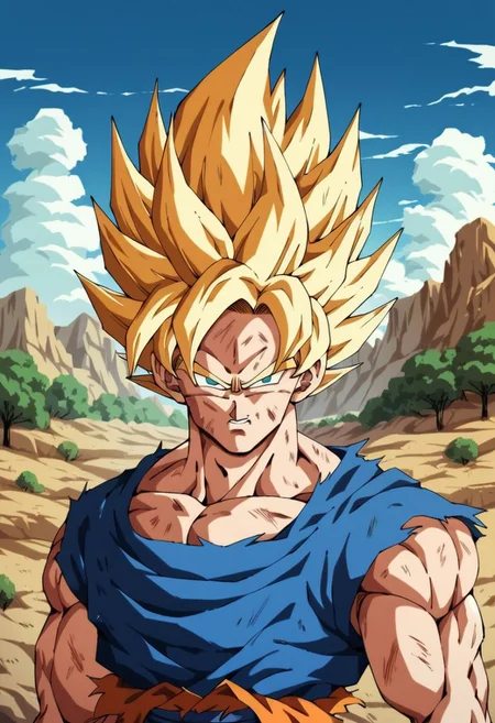 score_9, score_8_up, score_7_up, score_6_up,rating_questionable,portrait,((Solo:1.0)),(Son goku), without a shirt,(super expresive), ultradetailed, masterpiece, best quality, highres, in desert, montains, clouds, trees