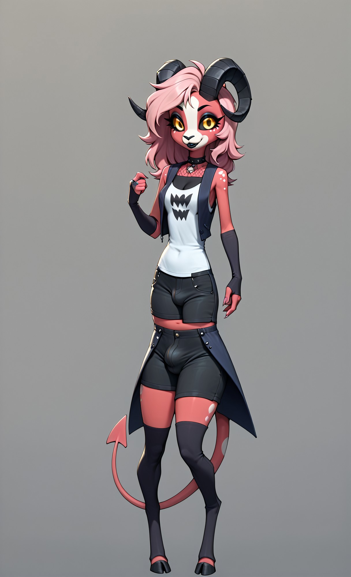 score_9, score_8_up, score_7_up, score_6_up, score_5_up, best quality, highly detailed, intricate details, extremely detailed, masterpiece, 4k, fine details, subtle soft details, futanari, helluva boss art style, vivziepop art style, hermaphrodite, herm, imp:1.6, ((red skin)), white freckles on her face, (asymmetrical white spots all over skin:1.6), chubby, dark interior, (long pink hair down to her hips:1.2), wearing trans thigh highs and fingerless arm warmers, (a long demon tail with a black spade on the tip:1.3), pink fingernails, fangs, large detailed glowing orange eyes, black sclera, black feline pupils, wearing a detailed purple leather collar with a ring, no ears, no nose, medium breasts, (curled black ram horns:1.6), short, long tailcoat:1.6, open vest, fishnet undershirt, leather shorts, hooves, shortstack, loose pink cropped shirt, asymmetrical white spots all over body:1.4, solo, 1girl, black lipstick , white freckles on face, large black pupils:1.5, sleeveless:1.5, eye focus, coattails, cute, beautiful, bulge, striped clothes, trans pride flag, jakethegoat, 