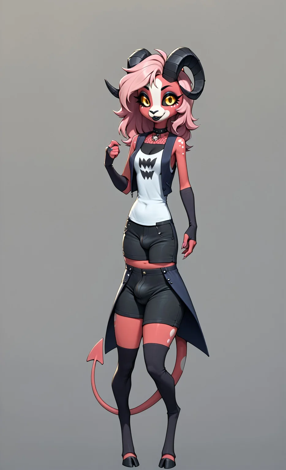 score_9, score_8_up, score_7_up, score_6_up, score_5_up, best quality, highly detailed, intricate details, extremely detailed, masterpiece, 4k, fine details, subtle soft details, futanari, helluva boss art style, vivziepop art style, hermaphrodite, herm, imp:1.6, ((red skin)), white freckles on her face, (asymmetrical white spots all over skin:1.6), chubby, dark interior, (long pink hair down to her hips:1.2), wearing trans thigh highs and fingerless arm warmers, (a long demon tail with a black spade on the tip:1.3), pink fingernails, fangs, large detailed glowing orange eyes, black sclera, black feline pupils, wearing a detailed purple leather collar with a ring, no ears, no nose, medium breasts, (curled black ram horns:1.6), short, long tailcoat:1.6, open vest, fishnet undershirt, leather shorts, hooves, shortstack, loose pink cropped shirt, asymmetrical white spots all over body:1.4, solo, 1girl, black lipstick , white freckles on face, large black pupils:1.5, sleeveless:1.5, eye focus, coattails, cute, beautiful, bulge, striped clothes, trans pride flag, jakethegoat, 