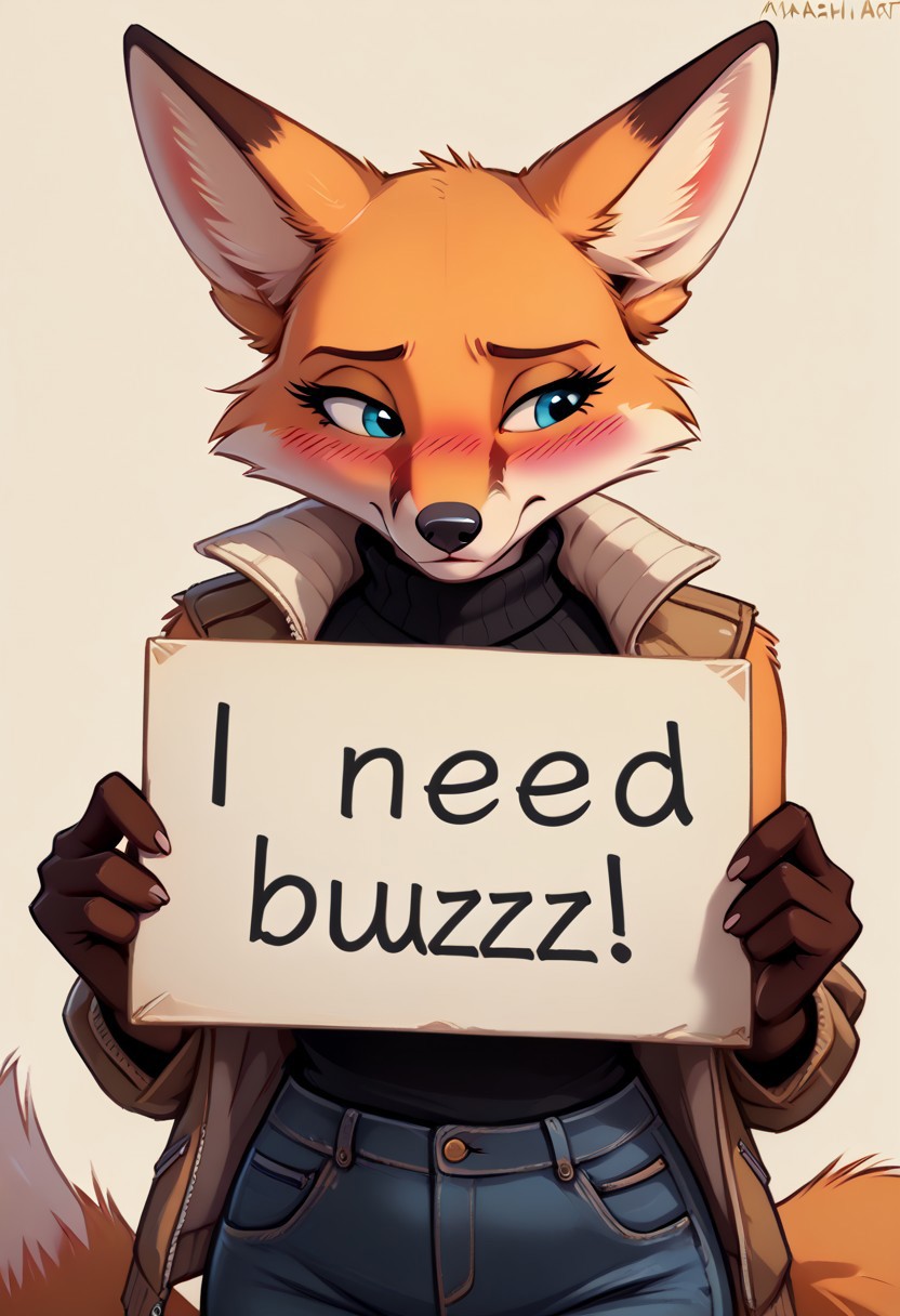 zaush art style, furry, source_furry, anthro, female, simple background, intricate details, sleeveless turtleneck, jacket, jeans, ((big breasts:1.3)), blue eyes, long eyelashes, fox, tilting hip, playful, sad, blush, score_9, score_8_up, score_7_up, score_6_up, need_buzz, holding sign, ((sign that says: I need buzz!:1.2))