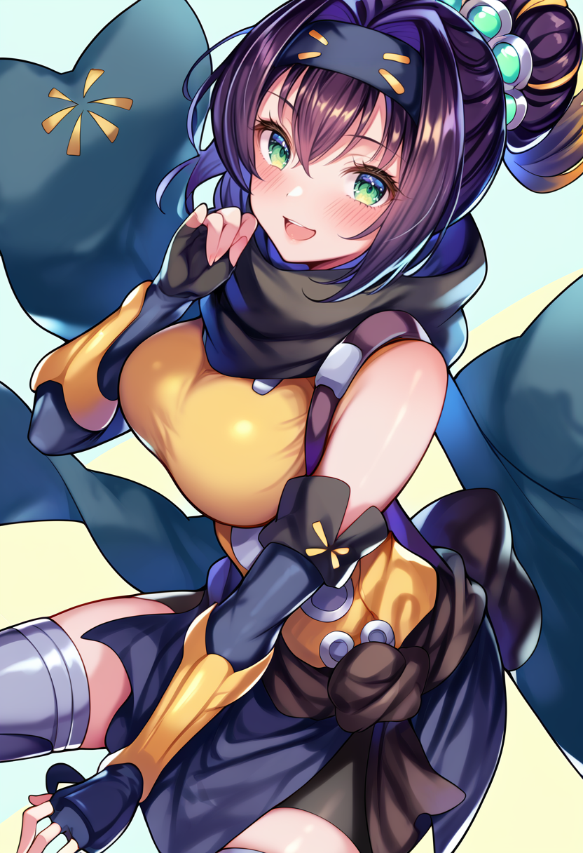 (score_9:0.9),score_8_up,score_7_up,anime style,rating_safe,(zPDXL),<lora:Sp little knight ponyXL v2:0.84>,Sp little knight, yellow clothes, black forehead protector, black fingerless elbow gloves, yellow thigh boots, silver hair ornament, 1girl, solo, large breasts, looking at viewer, open mouth, smile, blush, all four