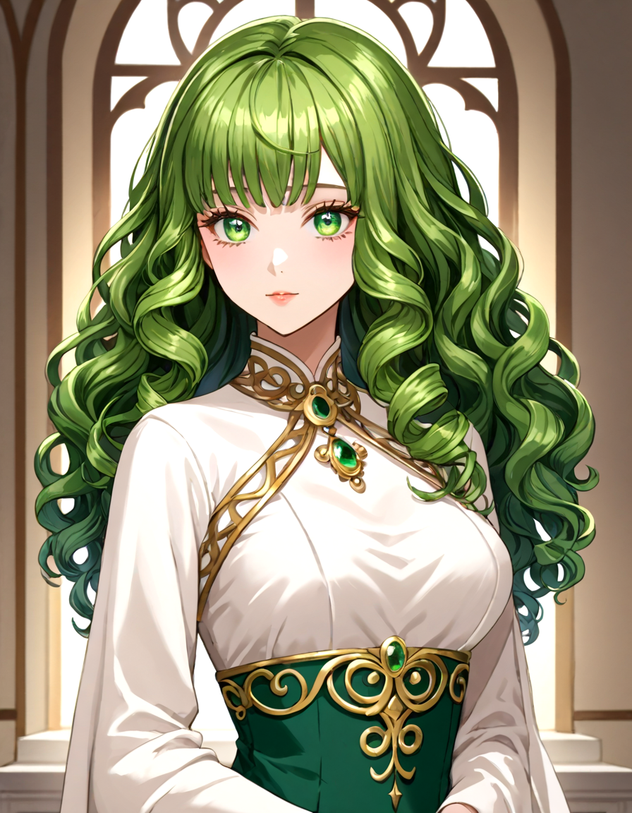 anime style, beautiful Charming Young Adult, Tall Hourglass Body, Ivory Skin skin, beautiful detailed Almond-Shaped Face, Bright Periwinkle eyes, Dark Olive Green gradient Curly Bangs hair, Euphoric, Cantaloupe Ikebana Silk Top, best quality, ultra-detailed, sharp intricate details
