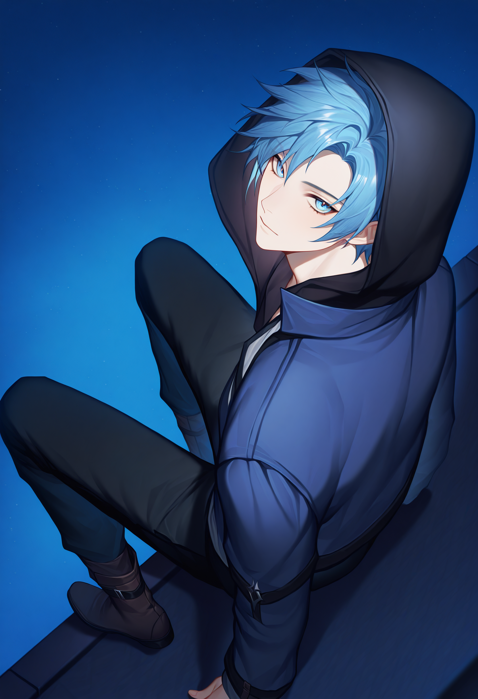 revis altare, 1boy, male focus, solo, blue hair, black pants, hood up, blue eyes, short hair, long sleeves, night, boots, jacket,
looking at viewer, from above, sitting,
masterpiece, best quality, very aesthetic, absurdres
<lora:holostars_allmems_illustrious_v1:1>
<lora:illustrious_noobai_epsilon_pred_1_masterpieces_v1:1>