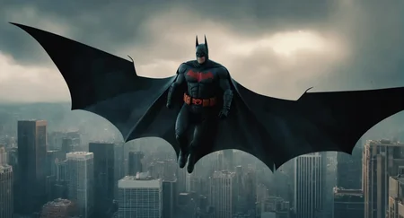 concept art of Cinematic Film stock footage in (arri alexa style) Kodak film print, <lora:Batman Beyond:1> Batman Beyond a batman flying through the air with a bat wing, digital artwork, illustrative, painterly, matte painting, highly detailed