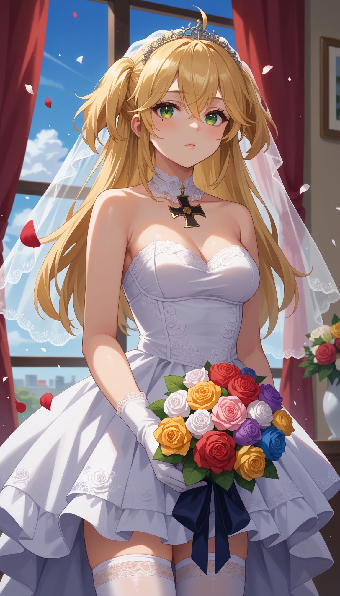 score_9, score_8_up, score_7_up, source_anime,
 <lora:Admiral Hipper:1> azhipper, blonde hair, two side up, hair between eyes, ahoge, bangs, green eyes, long hair,mole under eye
1girl, bangs, bare shoulders, black rose, blonde hair, blue rose, blue sky, blurry foreground, blush, bouquet, breasts, cloud, confetti, curtains, day, dress, eyebrows visible through hair, falling petals, flower, gloves, green eyes, hair between eyes, holding bouquet, indoors, iron cross, long hair, looking at viewer, medium breasts, orange flower, petals, pink flower, pink rose, purple rose, red flower, red rose, rose, rose petals, rose print, sky, solo, standing, strapless, strapless dress, thighhighs, two side up, vase, veil, wedding dress, white flower, white gloves, white legwear, white rose, window, yellow flower, yellow rose