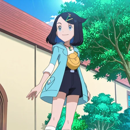 Score_8_up, score_9_up, masterpiece, easynegative, PokemonStyle, 1girl, solo, shilikodef, bangs, blue eyes, black hair, multicolored hair, eyelashes, cowlick, hairclip, medium hair, necklace, jewelry, hair ornament, sleeves past elbows, long sleeves, white shirt, open jacket, blue jacket, open coat, hooded jacket, green coat, yellow bag, blue shorts, black shorts, belt, white socks, shoe, (hands, five fingers), smiling, (standing, front view), (day, sun, tree, wind, green leaves, buildings),