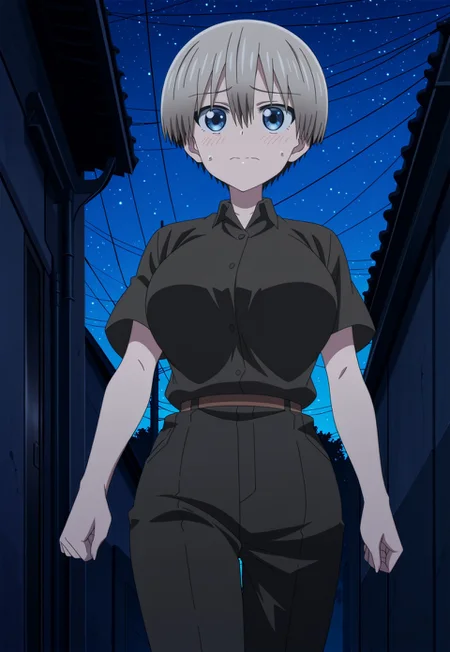 anime screencap, anime coloring, detailed face, masterpiece, best quality, very aesthetic, absurdres,, volumetric lighting, official style, amazing quality, ultra detailed, highres, amazing quality, scenery, beautiful detailed hair, beautiful detailed eyes, defined fingers, five fingers,
<lora:Hana_Uzaki_Uzaki-chan_Wants_to_Hang_Out_-_Illustrious_V2:1>
Outside, alleyway, night, Tokyo, dark, blue hue,
Hana work uniform outfit, Hana Uzaki (character), uzaki hana, 1girl, solo, short hair, gray hair, bangs, hair between eyes, blue eyes, large breasts, black shirt, short sleeves, collared shirt, black pants,
Low angle, cowboy shot, walking, looking around, nervous,