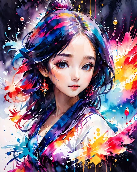 a cute girl composed of colorful splashing ink,
(masterpiece,best quality,extremely detailed CG unity 8k wallpaper,ultra-detailed),(best illumination,best shadow,an extremely delicate and beautiful),ink_wash_painting,night,(tai_chi:1.25),(yin_yang:0.85),ba gua,swirl,(the_bottom_of_the_bottlebackground:1.1),(1_girl:1.2),solo,The character is in the center of the frame,medium_full_shot,hanfu,taoist_robes,celestial_being_uniform,long_hair,(alternate hair color:1.3),white hair,black hair,a small red ornament,beautiful_detailed_eyes,indigo_eyes,(girl_surrounded_by_floating_water_flow:1.3),medium_breasts,wind,lotus,(cloudy:1.1),(stratocumulus_stratiformis:1.35),looking_at_viewers,cowboy shot
ink splashing,<lora:ink_splashing:1>,