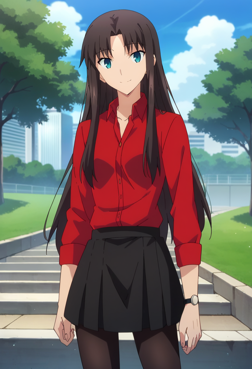 score_4, score_5, score_6, score_9, score_8_up, score_7_up, source_anime,
<lora:FateStayNightUBW_TohsakaRin:0.8>, TohsakaRin,
1girl, closed mouth, light smile,
brown hair, alternate hairstyle, long hair, parted bangs, blue eyes,
RinUniversity, red shirt, collared shirt, black skirt, black pantyhose, open collar,
looking at viewer, standing,
outdoors, building, park