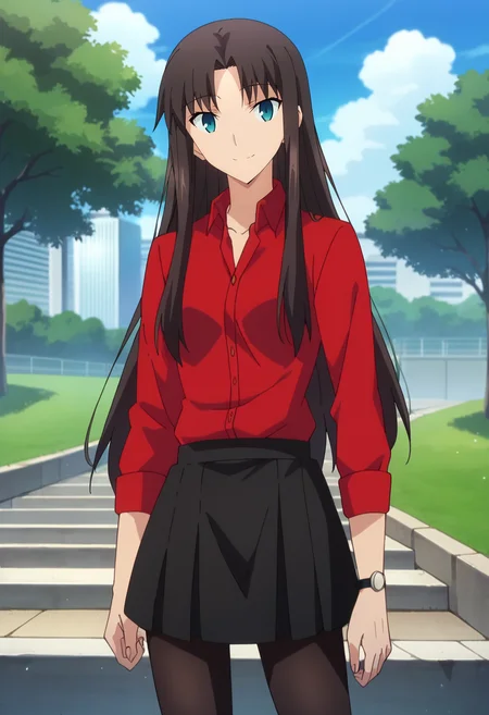 score_4, score_5, score_6, score_9, score_8_up, score_7_up, source_anime,
<lora:FateStayNightUBW_TohsakaRin:0.8>, TohsakaRin,
1girl, closed mouth, light smile,
brown hair, alternate hairstyle, long hair, parted bangs, blue eyes,
RinUniversity, red shirt, collared shirt, black skirt, black pantyhose, open collar,
looking at viewer, standing,
outdoors, building, park