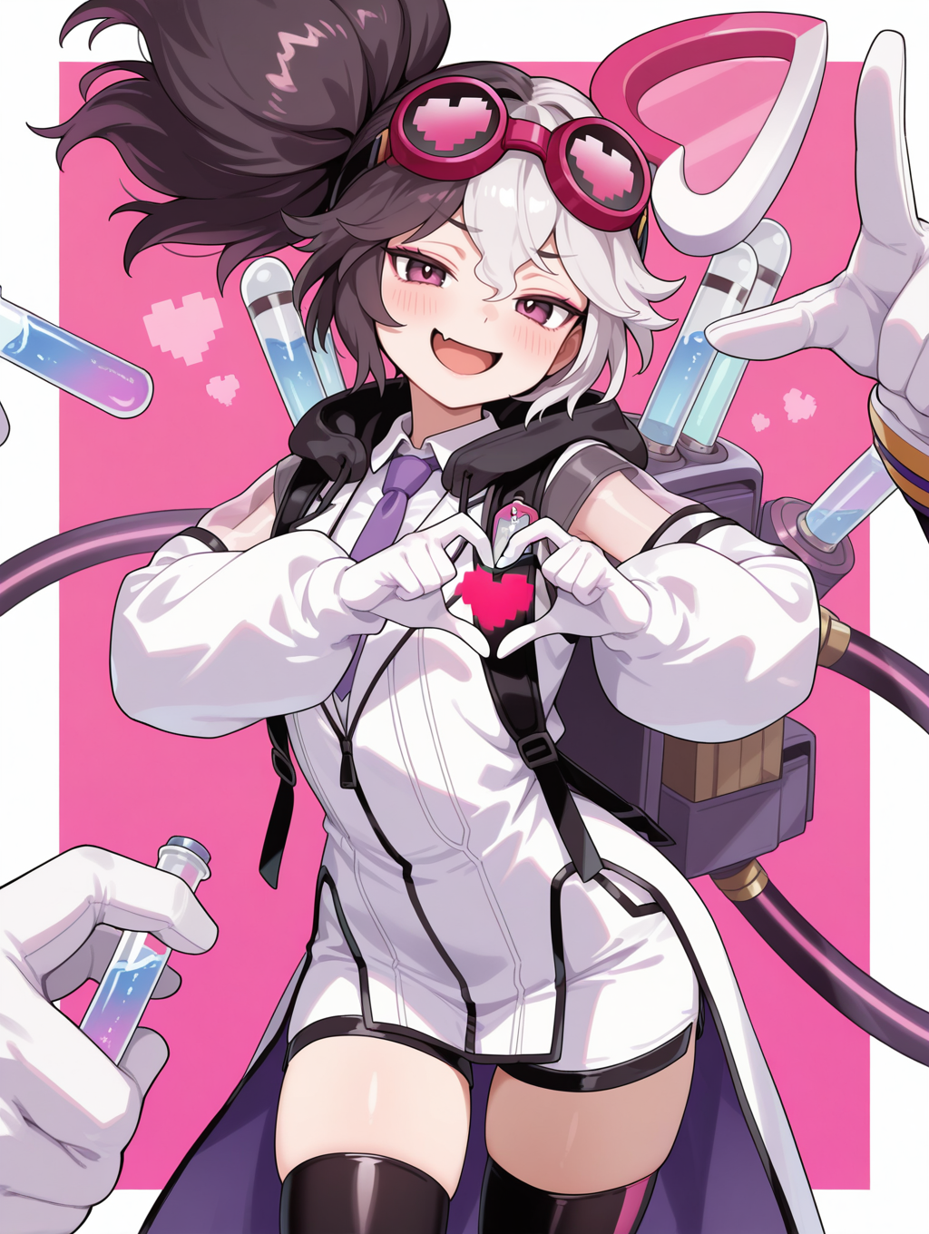 vanquish soul dr. mad love,1girl,solo,vial,open mouth,smile,heart hands,fang,skin fang,test tube,looking at viewer,blush,:d,cowboy shot,v,white hair ornament,goggles on head,white collared shirt,white labcoat,purple necktie,single white glove,black short shorts,black thighhighs,extra mechanical arms,backpack,white border,
masterpiece,best quality,amazing quality,very aesthetic,absurdres,newest,<lora:Vanquish Soul Dr. Mad Love illusXL v1.1:0.72>,