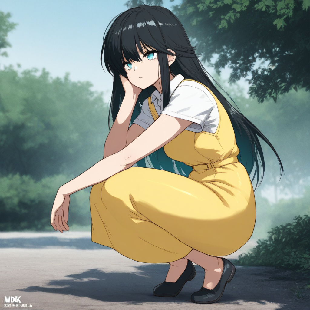 masterpiece,high quality,solo,outdoors, mdk_manga, solo, 1girl, long hair,black hair,aqua eyes, white collared shirt,yellow sleeveless dress, shoes,