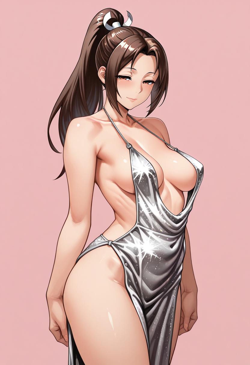 shiranui mai, mature female,  mature female, medium breasts, masterpiece,best quality,absurdres, amazing quality,
1girl, solo,
standing,
looking at viewer, half-closed eyes, light smile,
simple background, pink background,
<lora:Neromashin_Style_SKNSFW:0.8> Neromashin_Style_SKNSFW, 
 <lora:St._Louis_Luxurious_Wheels:0.8> L0x0r100s_Wh33l5, silver dress, halterneck, backless dress, halter dress, revealing clothes,