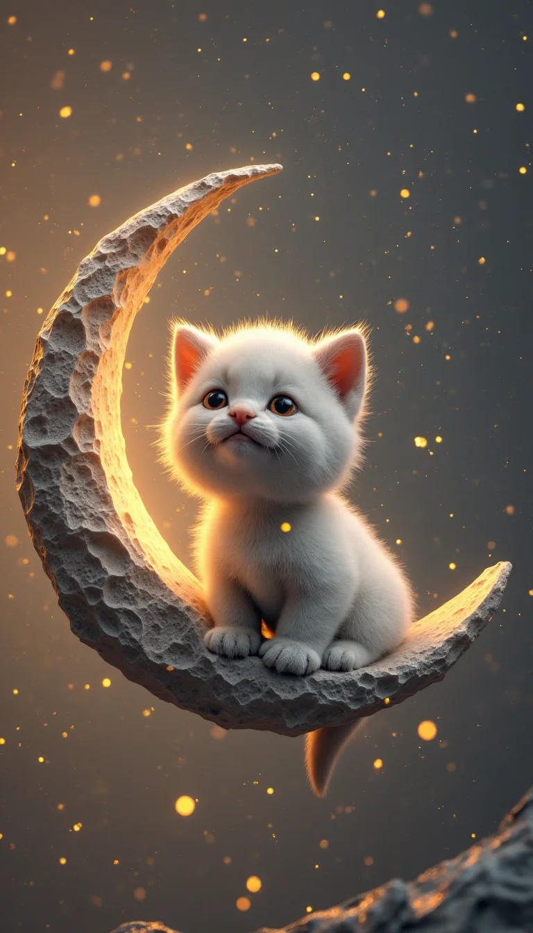 This is a highly detailed, digital CGI artwork featuring a small, fluffy white kitten with large, expressive orange eyes. The kitten is positioned centrally, sitting on the edge of a crescent moon, which is realistically textured with craters and gray tones. The moon and kitten are illuminated by a soft, warm orange glow that casts gentle shadows and highlights, giving the scene a dreamy, ethereal quality. The background is a smooth, dark gray with subtle, swirling patterns that resemble cosmic dust or nebulae, adding depth and a sense of movement. The composition follows the rule of thirds, with the kitten and moon occupying the upper third of the image, drawing the viewer's eye directly to the cute and curious expression of the kitten. The overall style is whimsical and fantastical, with a focus on soft textures and warm lighting, creating a sense of enchantment and wonder.
aidmaHyperrealism <lora:aidmaHyperrealism-FLUX-v0.3:0.6>