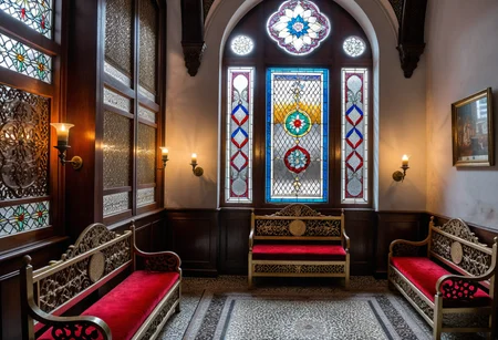 (masterpiece, best quality, hires, high resolution, beautiful, aesthetic, perfect, delicate, HDR, 32k, extremely intricate details),
A amateur photography of At the women's gallery in a Sephardic synagogue in Istanbul, wooden lattice screens overlook the main sanctuary, velvet benches and embroidered cushions line the walls, while brass candleholders and colored glass windows fill the space with intricate light. (overcast weather:1.1) gives the gallery a subdued, reflective feel, voices and prayer sounds drifting up softly._,